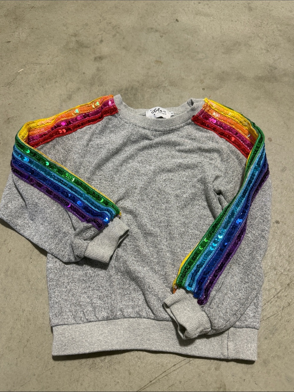 Lola + The Boys Heather Gray Sweatshirt with Rainbow Sequin Sleeve Stripes